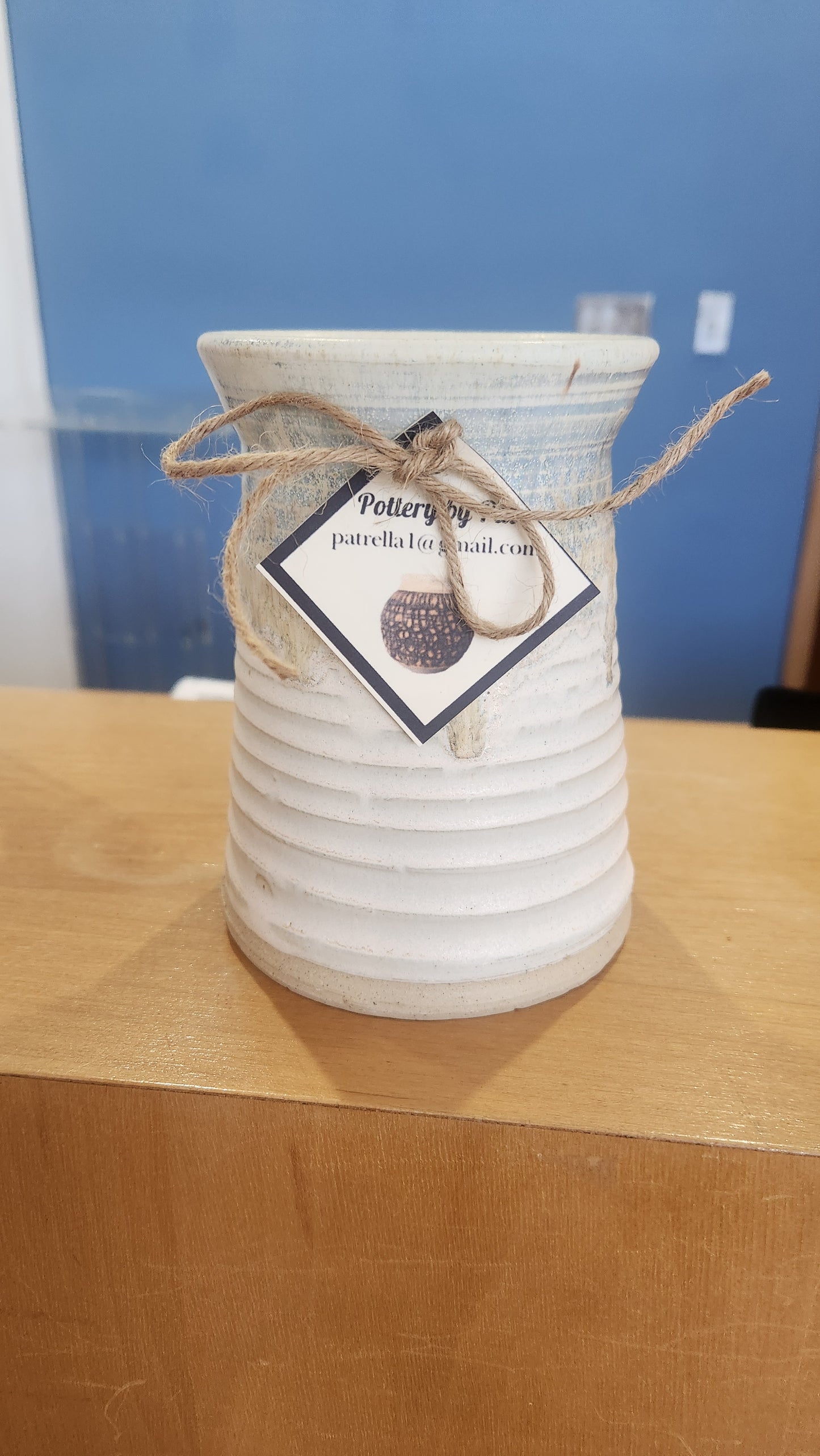 Tall Ivory Vessel with Blue Top - Pat Rella